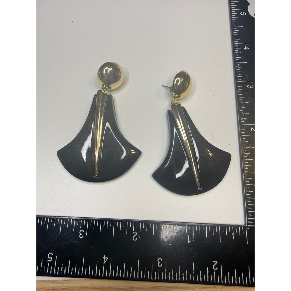 Vintage 80s Black Gold Geometric Fan Drop Earrings Statement Post Backs